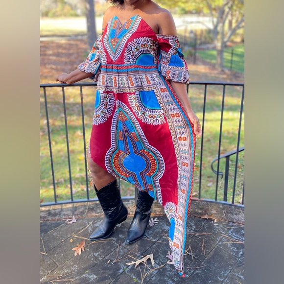 African Print Ankara Red Multicolor Off Shouder Asymmetric Dress - Picture 3 of 3